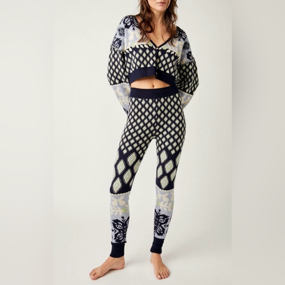 Free People Black and Cream Patterned Pajama Set